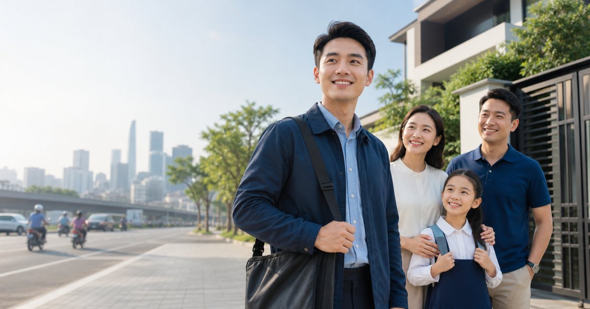 Hình ảnh mô phỏng gia đình và người đi làm tại đô thị; không phải khách hàng hoặc tình huống bảo hiểm thực tế của PVI