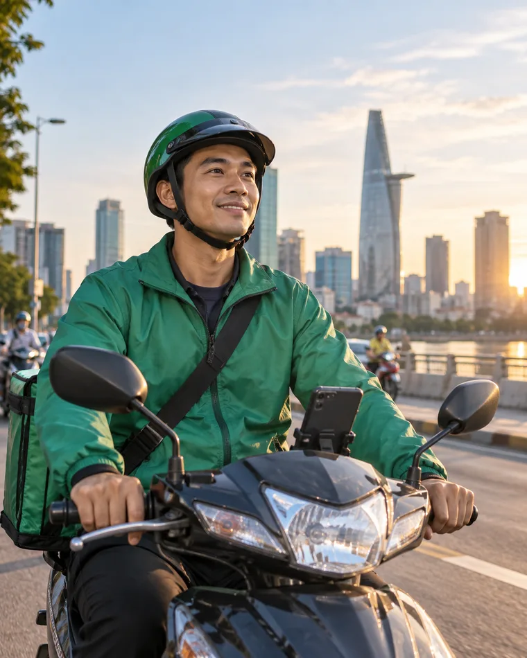 Người giao hàng mặc áo khoác xanh đội mũ bảo hiểm chạy xe máy trên đường phố lúc hoàng hôn