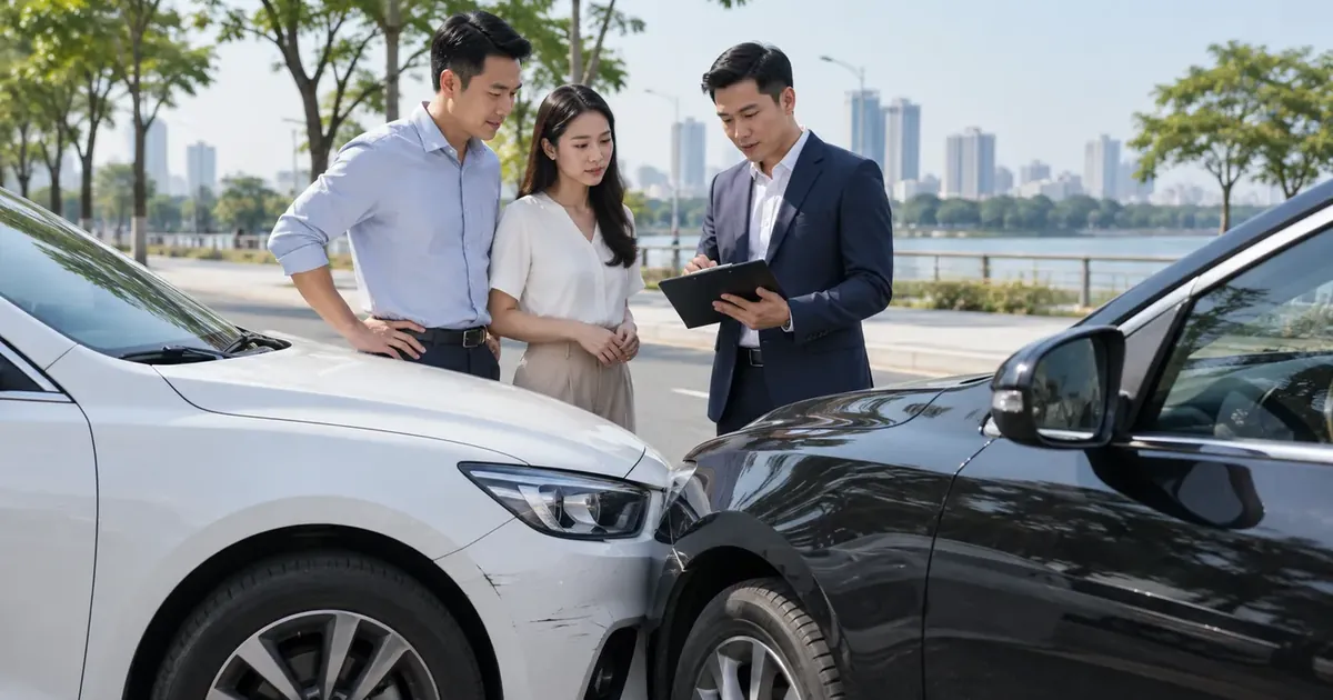 Hình ảnh mô phỏng hai ô tô va quệt đầu xe bên đường, chủ xe trao đổi với nhân viên bảo hiểm cầm bảng hồ sơ