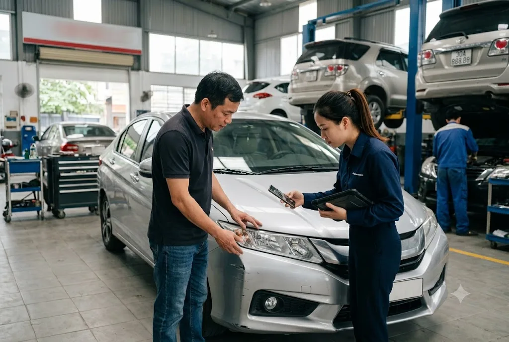 Giám định viên kiểm tra vết móp trên đầu xe cùng chủ xe tại gara