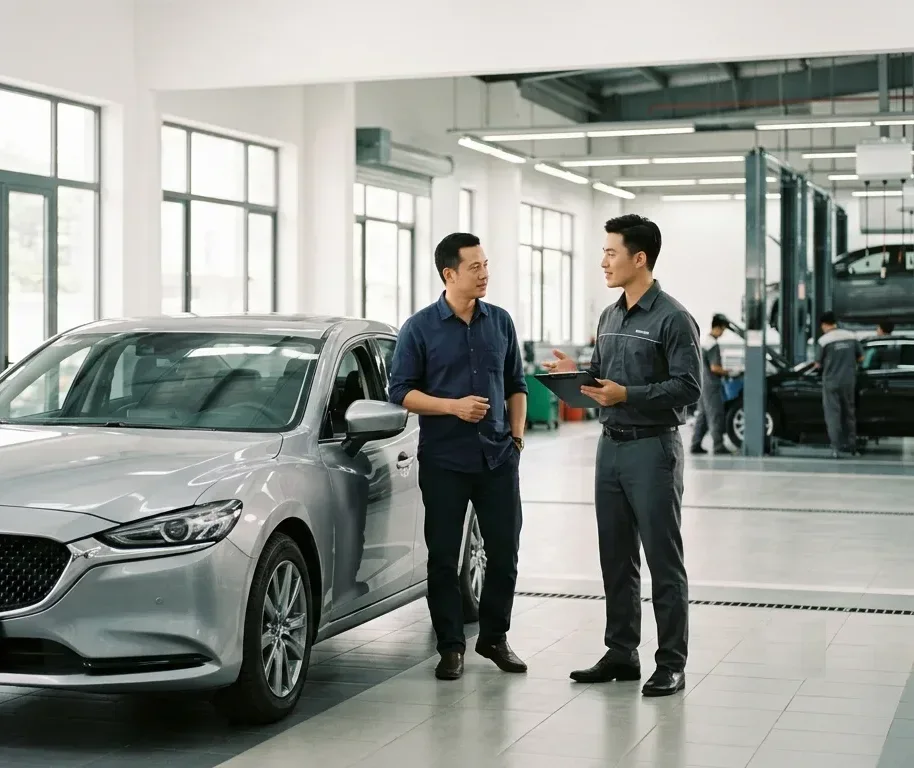 Chủ xe trao đổi với cố vấn dịch vụ tại xưởng sửa chữa ô tô