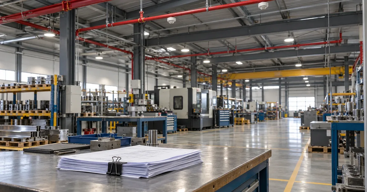 Hình ảnh mô phỏng bên trong nhà xưởng gọn gàng có ống chữa cháy tự động và đầu báo cháy trên trần, tập giấy tờ kẹp trên bàn làm việc