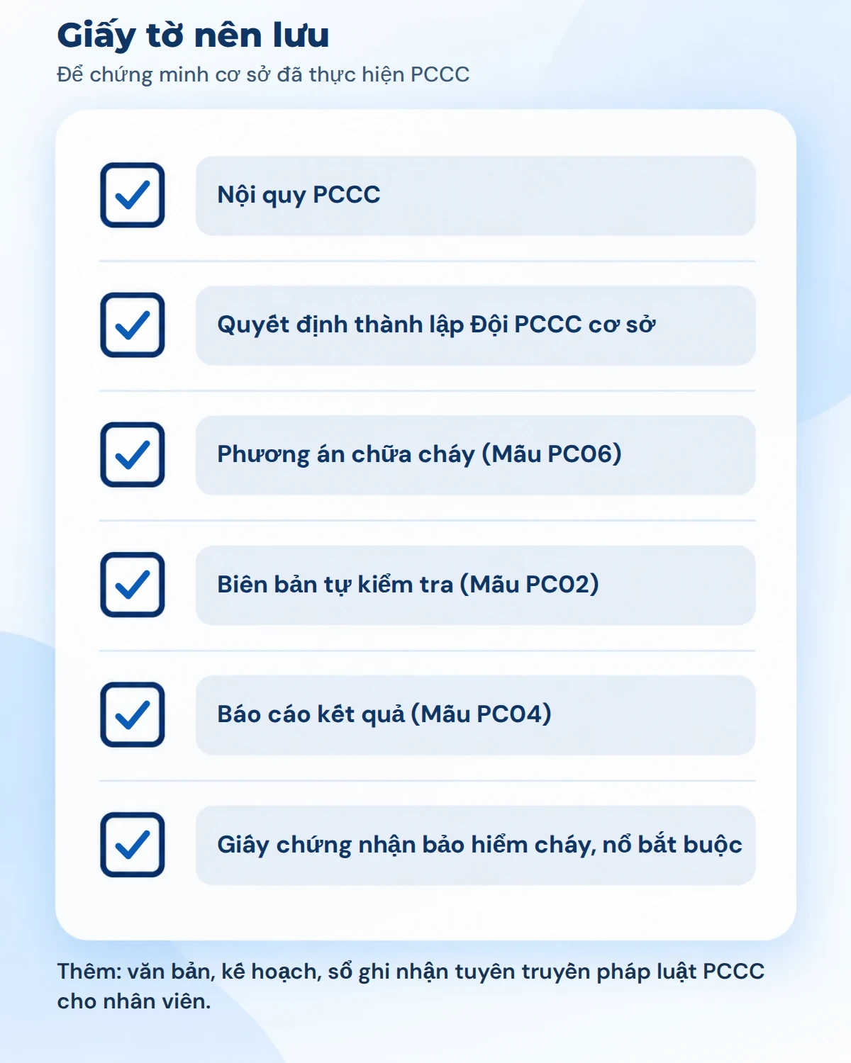 Đồ họa danh sách sáu loại giấy tờ nên lưu để chứng minh đã thực hiện PCCC