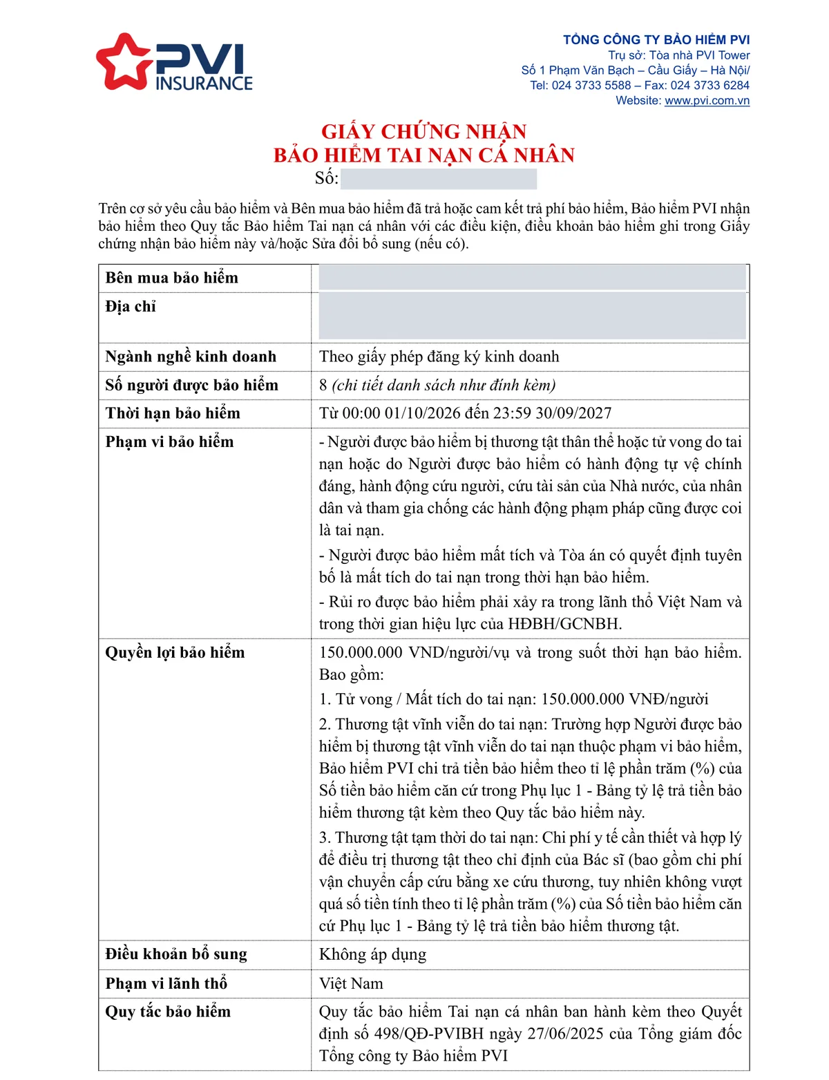 Giấy chứng nhận bảo hiểm tai nạn cá nhân PVI cho nhóm 8 người: phạm vi bảo hiểm, quyền lợi 150 triệu đồng mỗi người và quy tắc áp dụng; tên, địa chỉ bên mua và số giấy chứng nhận đã được che