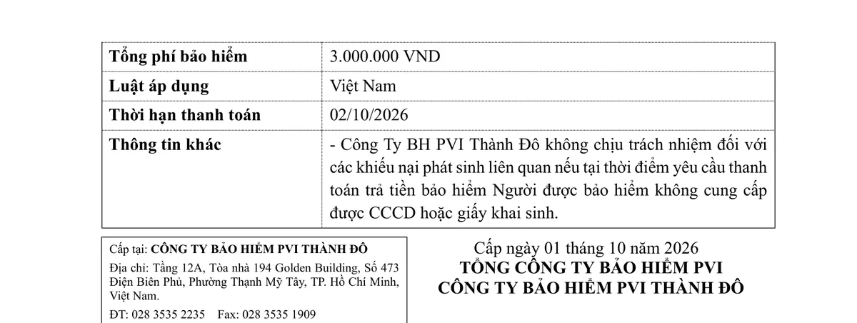 Phần tổng phí 3.000.000 đồng, thời hạn thanh toán và đơn vị cấp trên giấy chứng nhận bảo hiểm tai nạn cá nhân PVI Thành Đô