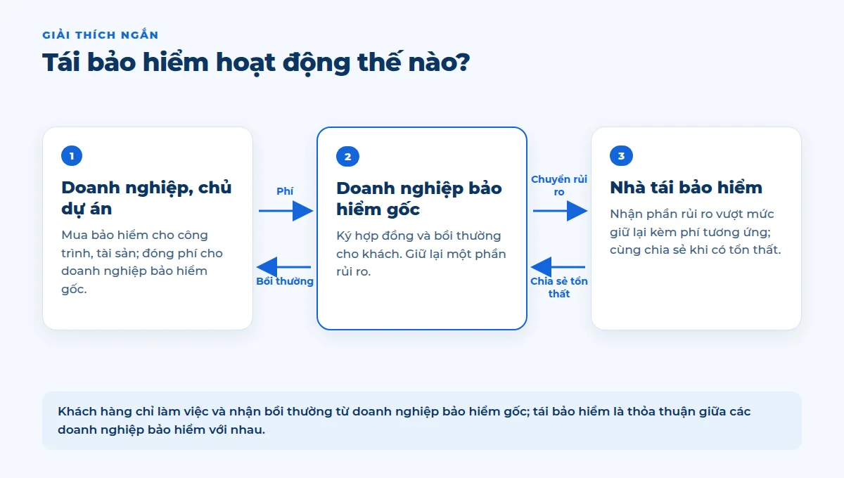 Hình ảnh mô phỏng dạng đồ họa: doanh nghiệp, chủ dự án đóng phí cho doanh nghiệp bảo hiểm gốc, doanh nghiệp bảo hiểm gốc chuyển một phần rủi ro cho nhà tái bảo hiểm; bồi thường và chia sẻ tổn thất đi theo chiều ngược lại