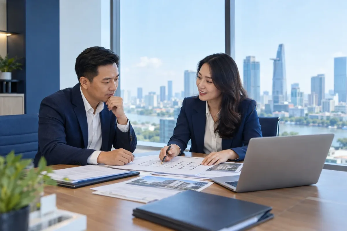 Hình ảnh mô phỏng hai người trao đổi bên bàn họp có hồ sơ, bản vẽ mặt bằng và máy tính xách tay, phía sau là cửa kính nhìn ra thành phố